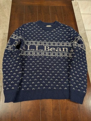 Vintage LL Bean Sweater Mens Medium Blue  Lambs Wool Crewneck Spellout LOGO 1912 - Image 1 of 4