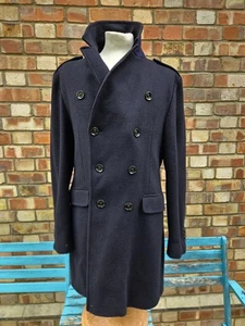 Pretty Green Pea Coat Navy Double Breasted Lined Trench 76 % Wool Winter Uk L - Picture 1 of 18
