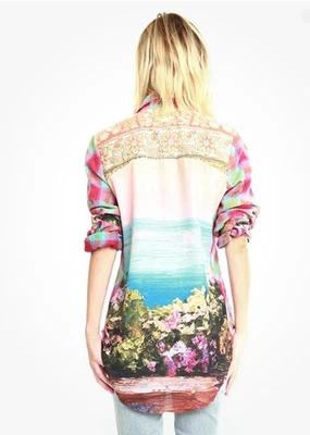 Aratta Silent Journey Harbor Island Mix Media Aqua Plaid Floral Ocean Women's L - Image 1 of 4