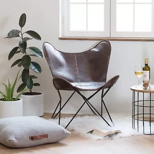 Handmade Leather Butterfly Chair Ottoman Black Lounge chair With Iron Frame - Picture 1 of 7