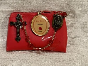 VTG St Therese Pray for Us God Bless Kathleen Red Bead 20" Rosary Vinyl Pouch - Picture 1 of 3