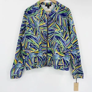 Halogen Womens Palm Print Bomber Jacket Tropical Leaves Blue Green Yellow Sz XXL - Picture 1 of 8