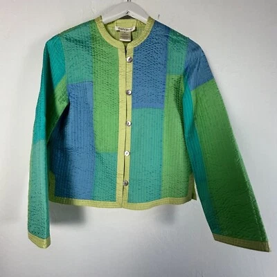 Chaqueta acolchada reversible de seda TravelSmith para mujer pequeña verde azul retazos Foto 1 de 4