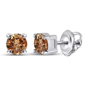 10kt White Gold Brown Diamond Solitaire Earrings 1 Cttw Perfect Gift for Her - Picture 1 of 3