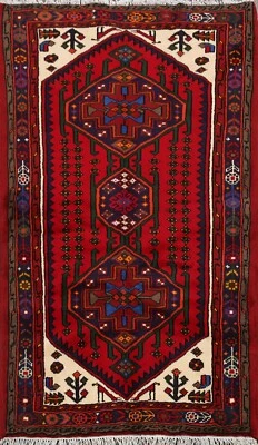 Tribal Traditional Geometric Hamedan Hand-knotted RED Area Rug Wool 3'x5' Carpet - Image 1 of 4