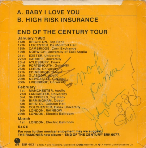 Ramones Baby I love You 1980 single SIGNED AUTOGRAPH by all band members inc COA Cover