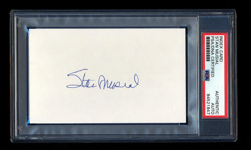 STAN MUSIAL SIGNED MINT INDEX CARD PSA/DNA HOF AUTOGRAPHED CARDINALS WSC MVP - Image 1 of 1
