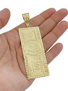 10k Yellow Gold 100 Dollar Bill Charm Pendant 3.5 Inch Necklace Chain SALE Real - Picture 1 of 8