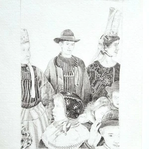 ENFANTS en COSTUMES TRADITIONNEL BRETON du FINISTÈRE Dessin Original XXe - Imagen 1 de 8