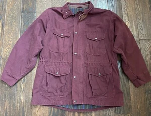 vtg Outback Trading Co Chore Jacket Canvas XL burgundy flannel striped lining - Picture 1 of 14
