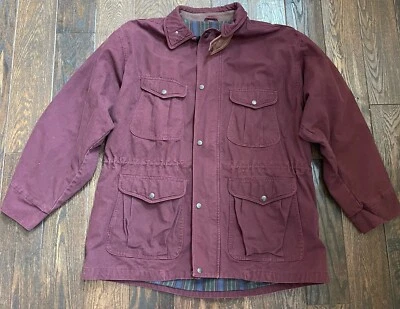 vtg Outback Trading Co Chore Jacket Canvas XL burgundy flannel striped lining - Image 1 of 4