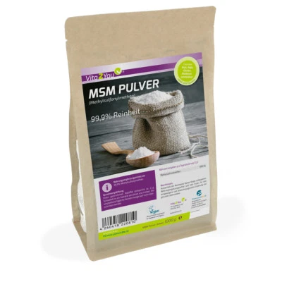 Vita2You MSM Pulver 1000g - (Methylsulfonylmethan) - 99,9% Reinheit - Schwefel