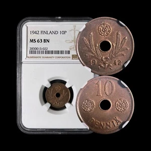 FINLAND. 1942, 10 Pennia - NGC MS63 - Rosettes and Leaves, Center Hole - Picture 1 of 5