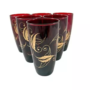 Royal Ruby Red Set of 6 Tumblers Gold Leaves Anchor Hocking Bar Vintage Glasses - Picture 1 of 8