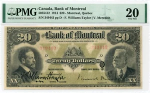 1914 $20 Bank of Montreal - Very Fine, PMG VF 20 - Picture 1 of 2