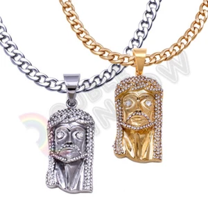 Collar de acero inoxidable para hombre cabeza cara de Jesús circonita cúbica bling cadena cubana #P12 - Imagen 1 de 12