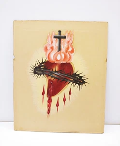 Vintage Blutendes Herz - Herz Jesu - Religiöse Kunst Gemälde B - Bild 1 von 7