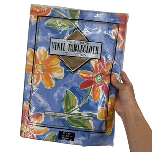 Vintage Vinyl Flanell Rückseite Tischdecke Fashion Industries 60x84 Oval Floral Blau - Bild 1 von 4