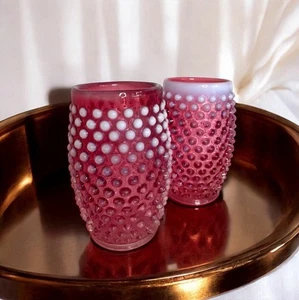 Vintage Fenton Cranberry Opalescent Hobnail Glass Tumblers Pair - Picture 1 of 6