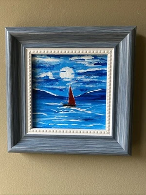 Paisaje marino velero lago marino, pintura acrílica original sobre panel de lienzo, 4/4 enmarcado Foto 1 de 4