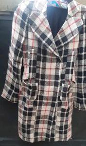 Sonia Rykiel Coat Linen White Red Black Large Check Made In France Size 36 - Picture 1 of 15