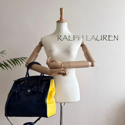 RALPH LAUREN Ricky Bolso de Cuero Azul Amarillo de 2 Vías Bolso de Mano Bolso de Hombro Foto 1 de 4