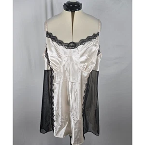 Cacique Chemise Women's 26/28 White Satin Black Chiffon Lace Adjustable Straps - Picture 1 of 16