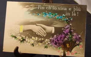 Antigua postal francesa dividida trasera - románica con manos - teñida a mano década de 1910 - Imagen 1 de 2