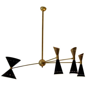 Four-Arm Brass Asymmetrical Chandelier, Black Gold Pivot Shades, Stilnovo Style - Picture 1 of 20