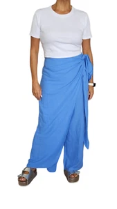 Women's High-Waisted Blue Wide-Leg Pants with Wraparound Tie Boho Style Size L - Picture 1 of 7