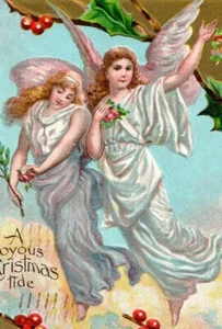 1909 geprägte Weihnachts-Postkarte viktorianische Engel und Mistelzweig - Bild 1 von 3