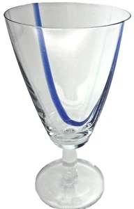 Clear Glass Water Goblet, Set of 6, Blue Stripe, Oblong Stem, used (C6) - Picture 1 of 10