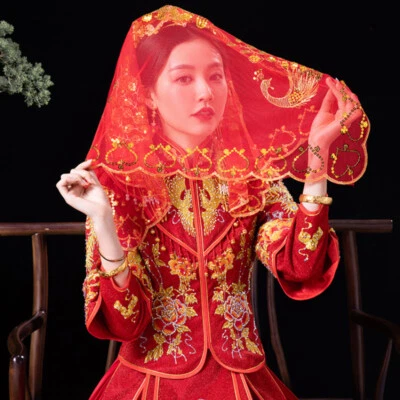 Chinesische Rote Braut Schleier Glitzer Pailletten Stickerei Spitze Kopf Stütze - Bild 1 von 4