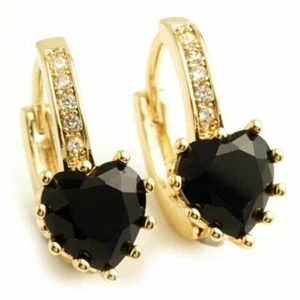 Pretty New Yellow Gold Plated Black Heart Cubic Zircon Leverback Hoop Earrings - Picture 1 of 1