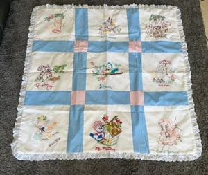 Vintage Handmade Baby Children Quilt Blanket Flour Sack Embroidery 40x40” - Picture 1 of 7