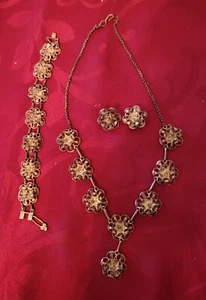 Antikschmuck Messing Versilbert Kette 43 cm, Armband 18 cm Ohrclips Filigran - Bild 1 von 8