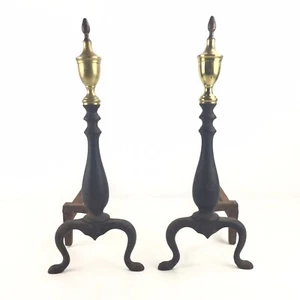 Vintage Cast Iron Federal Style Andirons Brass Tops - Puritan - Picture 1 of 11