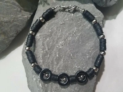Black Unisex Bracelet Hematite, Glass beads , Rubber Spacers Handmade New - Изображение 1 из 4