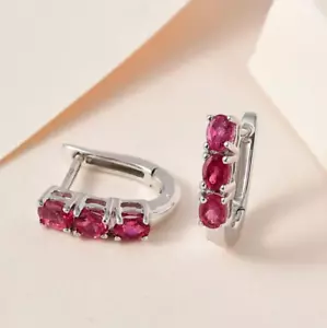 Natural Pink Tourmaline Huggie Hoop Earrings Platinum Over Sterling Silver 1.5 C - Picture 1 of 3