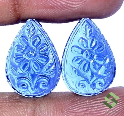 Blue Sapphire Color Nano Handmade Carving Pair 20x13 mm 22.61 CTS Loose Gems - Image 1 of 4