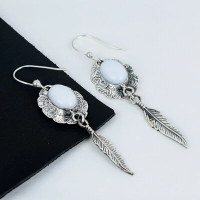 Bianco Corallo Gemma Orecchino 925 Argento Sterling Artigianale Massiccio Regalo - Immagine 1 di 4