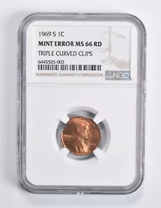 Mint Error MS66 RD 1969-S Lincoln Memorial Cent Triple Curved Clips NGC *1565 - Picture 1 of 3