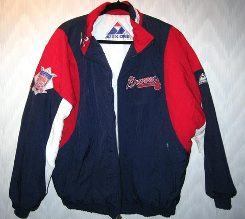Vintage Atlanta Braves Baseball MLB Jacket Apex One Red White Blue Zip Men's Lg Cover