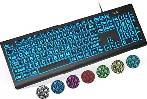 Large Print Backlit Keyboard, Wired USB Lighted Computer Keyboards with 7-Color - Picture 1 of 14