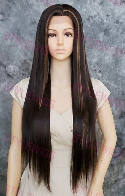 Peluca larga recta marrón oscuro/rubia calor OK frente de encaje mezcla cabello humano EVEM Foto 1 de 4