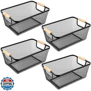 Ziliny 4 Pcs Metal Wire Basket with Wooden Handles Mesh Steel Storage Organiz - Picture 1 of 5
