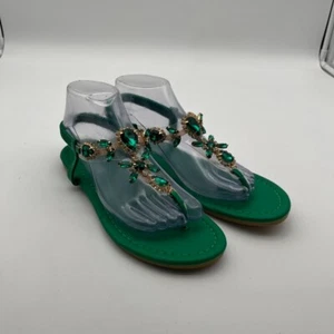 Green Strappy Thong Gem Stone Flip Flop Sandals Women's Size 8-8.5 NEW - Picture 1 of 7