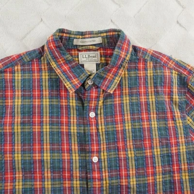 L.L. Bean Seersucker Button Up Shirt Mens Medium Plaid Multi Color Short Sleeve - Image 1 of 4