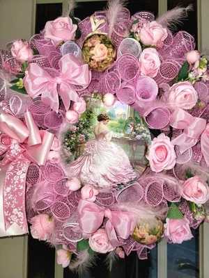 Christmas Gift Wreath Deco Mesh Door/Wall Decoration Pink Roses  Handmade - Image 1 of 4