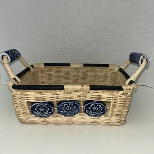 Vintage Wicker Baskets with Blue Floral Ceramic Tiles And Handles Set Of 3 - Picture 1 of 24